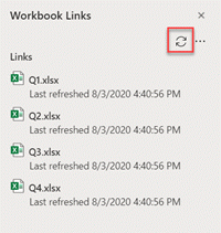 Manage Links pane in Excel za splet, with the Refresh All command circled.