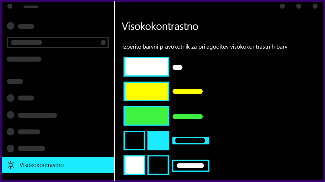Slika nastavitev visokega kontrasta v Windows 10.