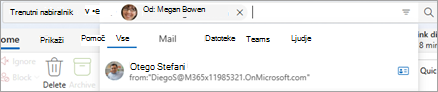 Vnesite besedilo v iskalno vrstico, da razkrijete predloge obsega iskanja, kot so Vse, Pošta, Datoteke, Teams in Ljudje.