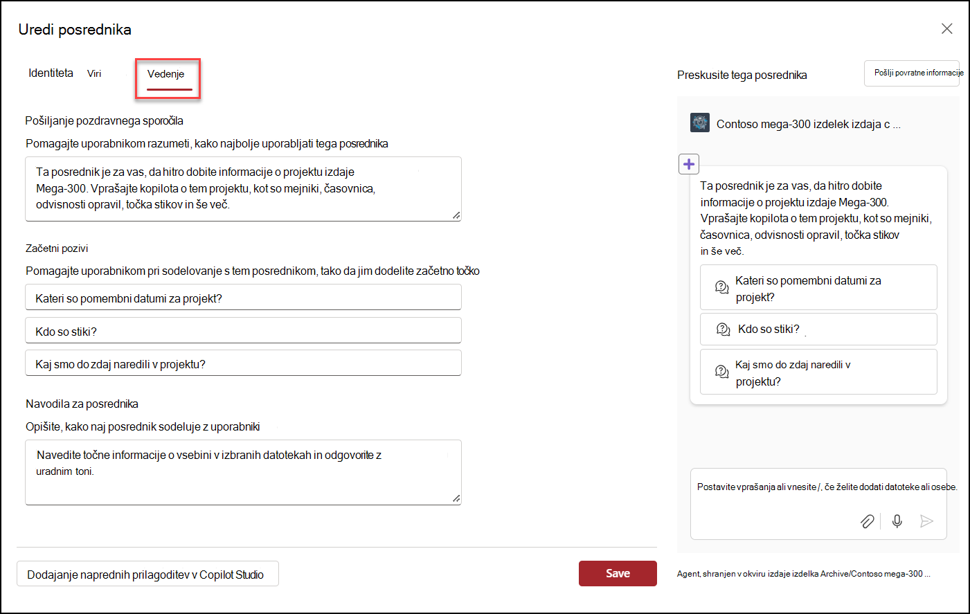 posnetek zaslona urejanja delovanja agenta storitve Copilot