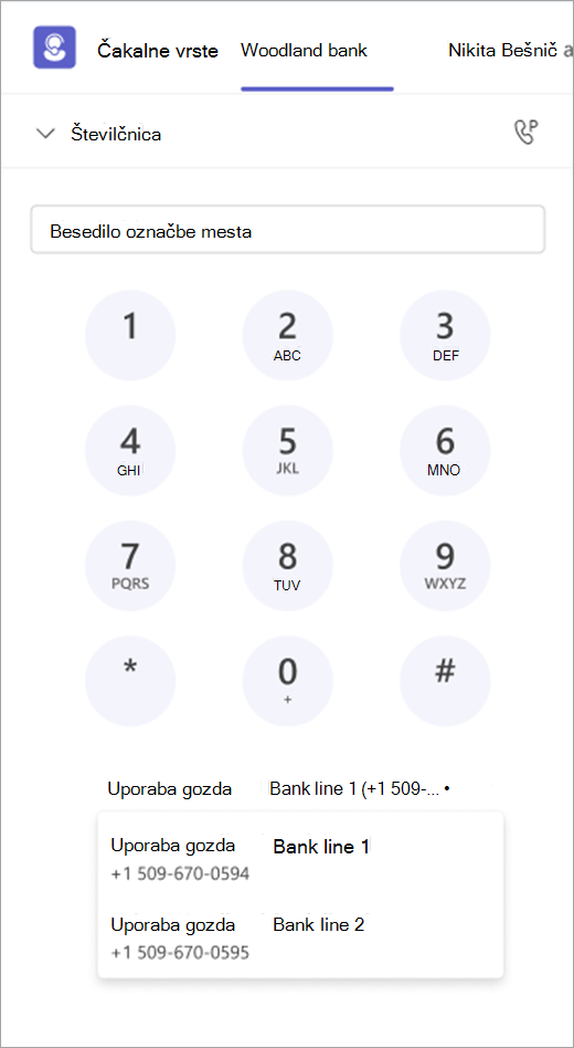 Posnetek zaslona, na katerem je prikazana številčnica z možnostmi odhodnega klica