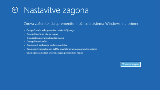Zaslon z nastavitvami zaslona v obnovitvenem okolju sistema Windows