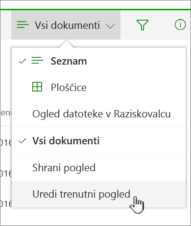 Meni »Možnosti pogleda« z označeno možnostjo »Uredi trenutni pogled«