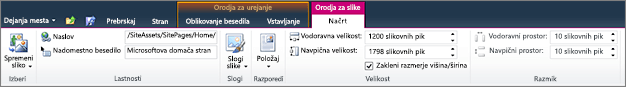 Na zavihku Orodja za slike lahko nastavite velikost, slog, položaj in nadomestno besedilo na slikah.