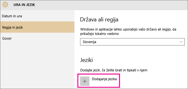 Dodajanje jezika v sistemu Windows 10