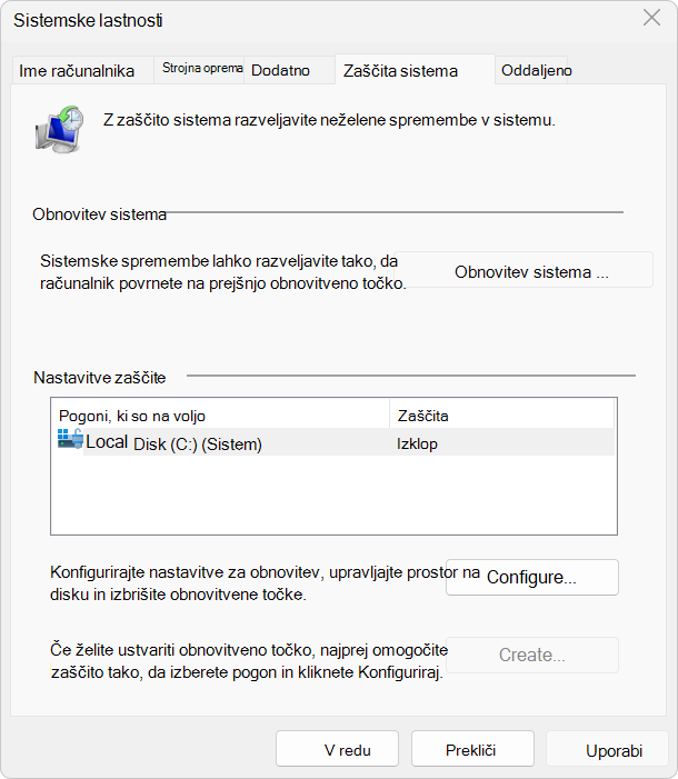 Posnetek zaslona nastavitev zaščite sistema.