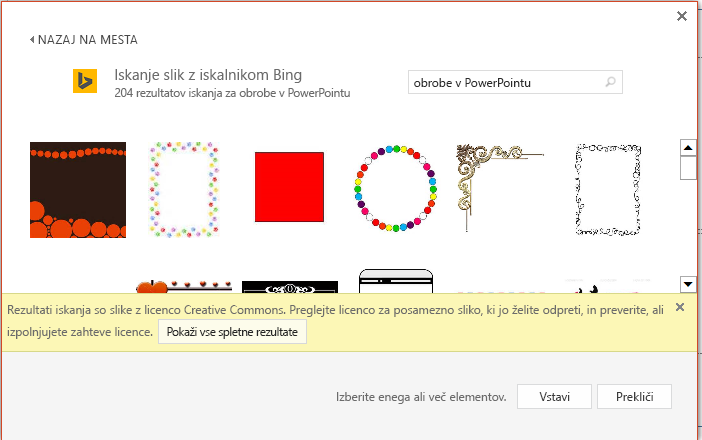 Rezultati iskanja PowerPointovih obrob v storitvi Bing.