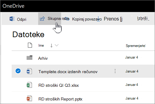 OneDrive z izbrano možnostjo» datoteka «in» skupna raba «