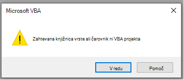 Posnetek zaslona napake v oknu programa Microsoft VBA«