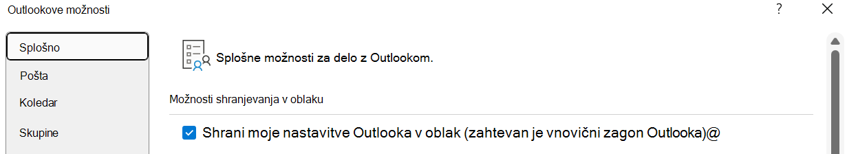 Če želi uporabnik svoje nastavitve uvoziti v novi Outlook za Windows, bi moral imeti možnost »Shrani moje Nastavitve Outlooka v oblak (zahtevan je vnovični zagon Outlooka)«