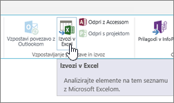 Označen gumb v SharePointu za izvoz v Excel na traku