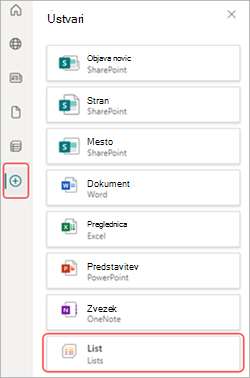 Posnetek zaslona aplikacije »Seznam« v SharePointu.