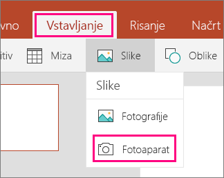 Pokaže možnost »Vstavljanje slike iz fotoaparata« v sistemu Office Mobile za Windows 10