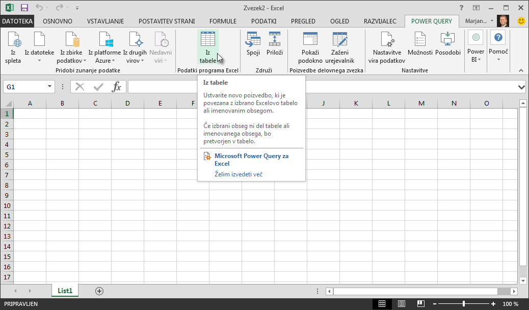 Ustvarjanje povezave z Excelovo podatkovno tabelo