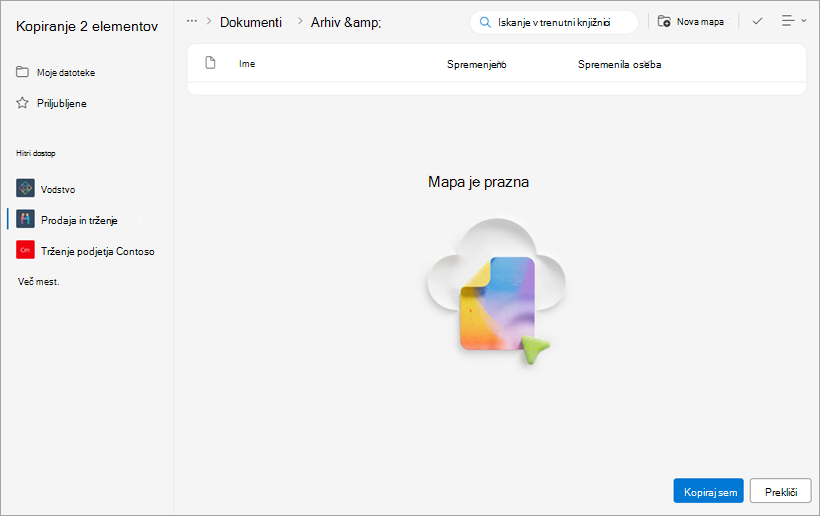 Nova mapa, v kateri bodo prikazane kopirane datoteke.