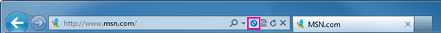 Posnetek zaslona naslovne vrstice v Internet Explorerju za spletno mesto z vklopljenim filtriranjem ActiveX in označeno ikono »Null«