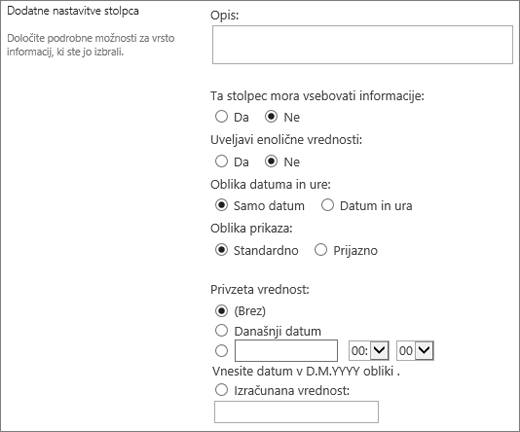 Choices for the date time column