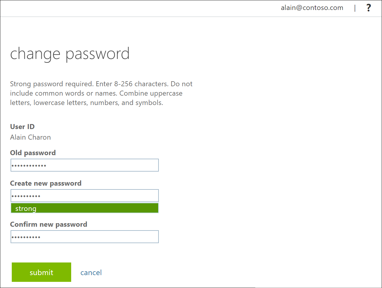 The Change password page, showing password fields