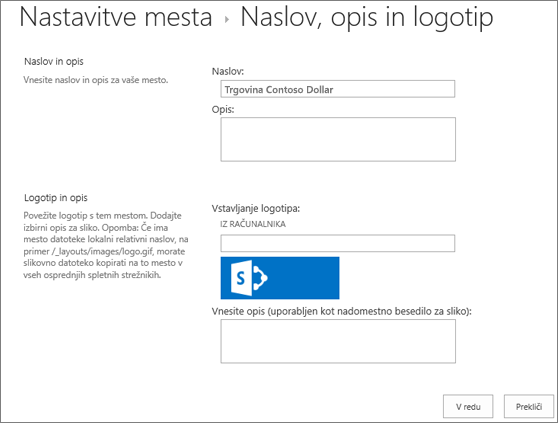 Stran za nastavljanje naslova, opisa in logotipa