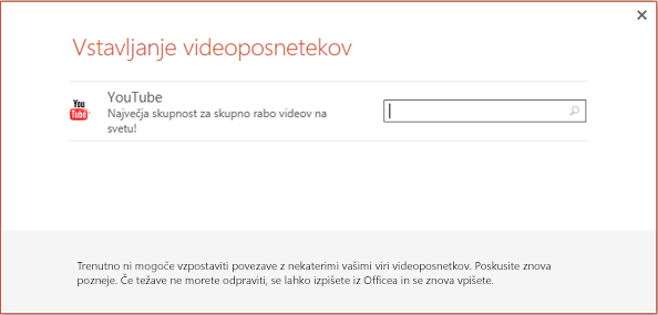 To je pogovorno okno »Vstavljanje spletnega videa« v programu PowerPoint 2013.