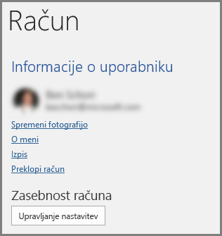 The Account panel showing the Account Privacy, Manage Nastavitve button