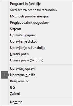 Seznam možnosti in ukazov, prikazan, ko pritisnete tipko z logotipom sistema Windows + X