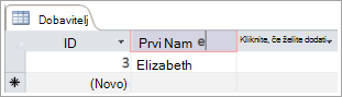 Izrezek zaslona tabele »Dobavitelj«, ki prikazuje dve vrstici z ID-jem