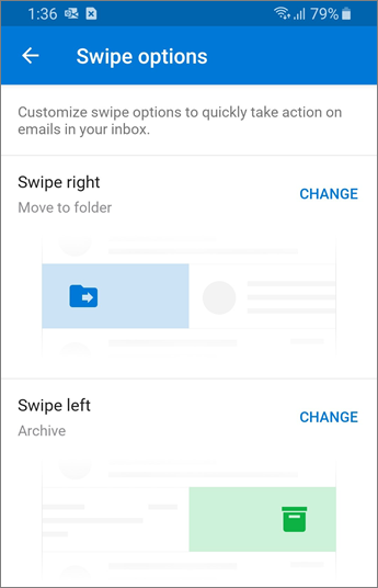 Nastavitev možnosti» podrsni «v programu Outlook Mobile
