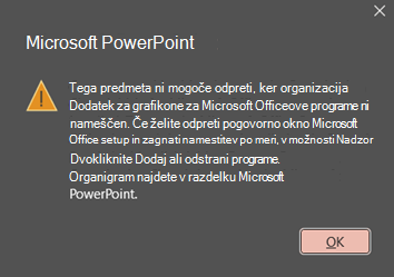Slika PowerPointove napake: »Tega predmeta ni mogoče odpreti, ker dodatek organigrama za microsoft Officeove programe ni nameščen.«