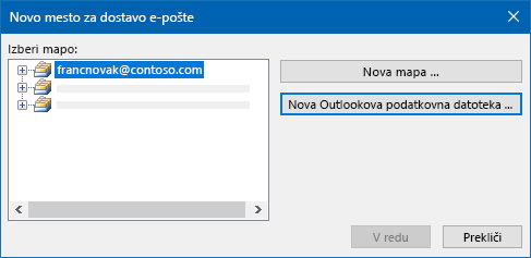 Pogovorno okno» mesto dostave e-pošte v Outlooku «