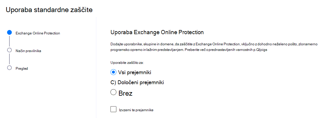 The Apply standard wizard showing the screen where you select which recipients to apply Exchange Online protection to.