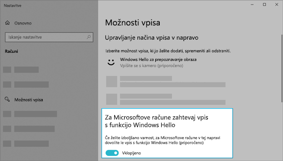 Možnost vpisa s funkcijo Windows Hello je vklopljena za Microsoftove račune.