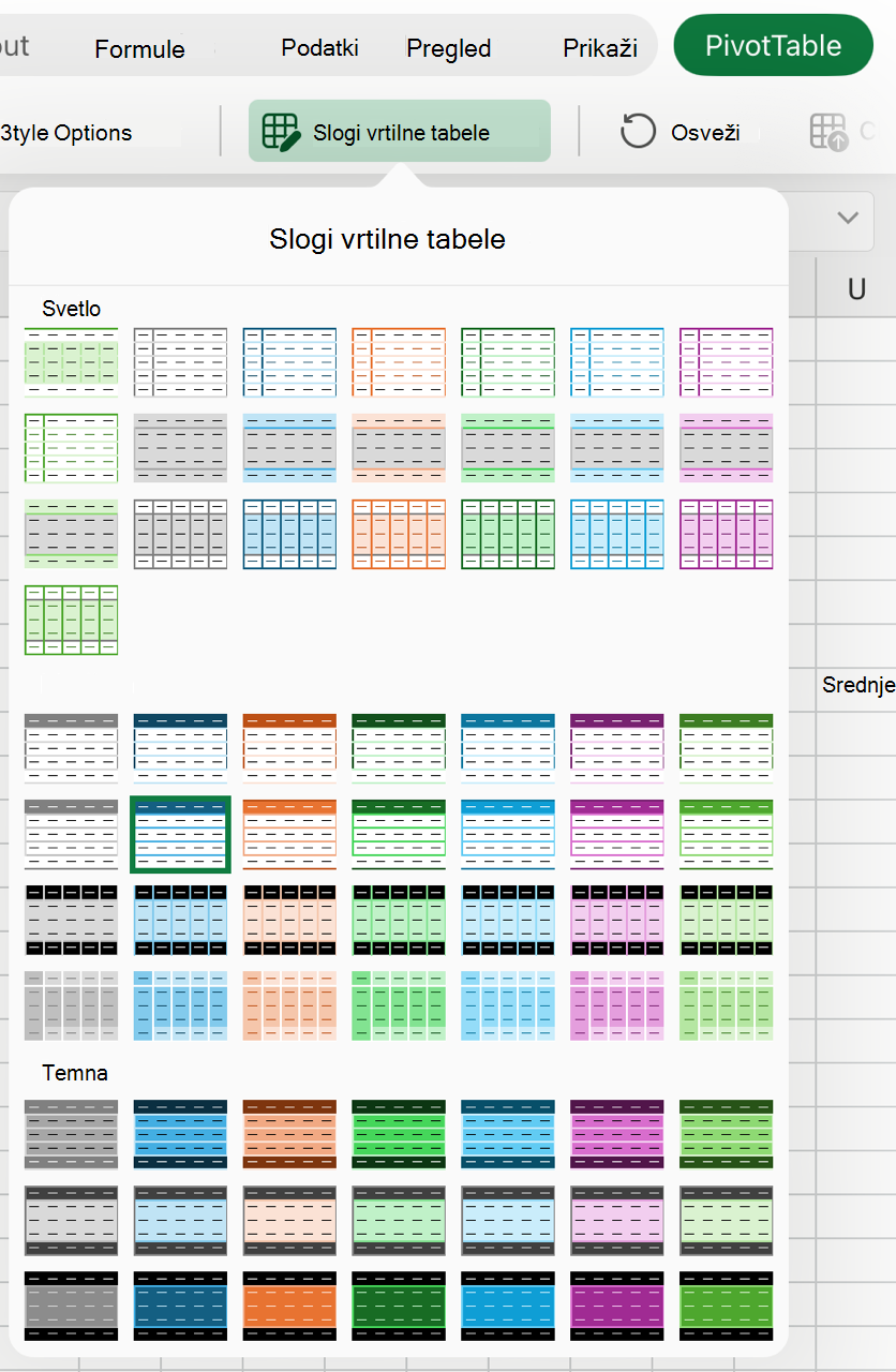 Galerija »Slogi vrtilnih tabel« v napravi iPad