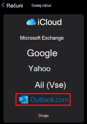 Dodajanje e-Outlook.com Apple v iPhone
