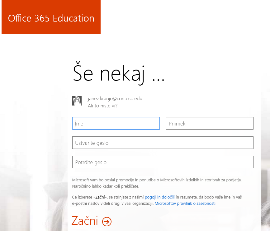 Posnetek zaslona strani za ustvarjanje gesla za postopek vpisa v Office 365.