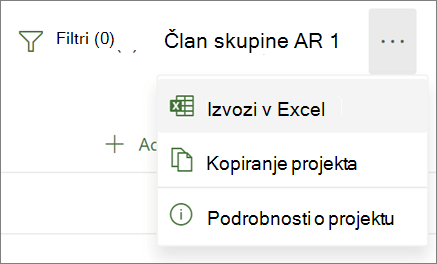 Posnetek zaslona menija v Projectu za splet, ki prikazuje možnost» izvozi v Excel «