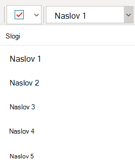 Meni Slogi, ki prikazuje različne sloge naslovov v OneNotu za Windows 10.