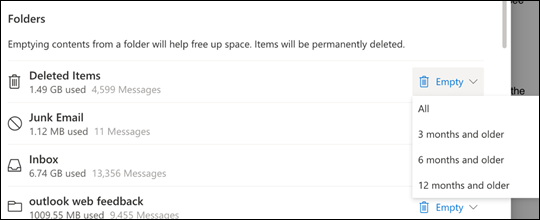 Nastavitve prostora za shranjevanje za Outlook.com.