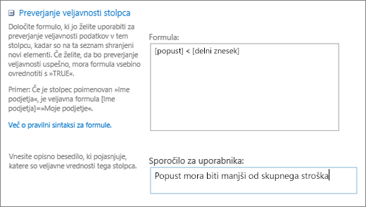 Pogovorno okno preverjanja veljavnosti stolpcev s polji, izpolnjenimi z vzorčnimi podatki