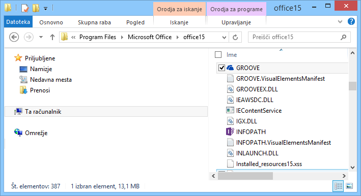 Iskanje datoteke Groove.exe v sistemu Windows