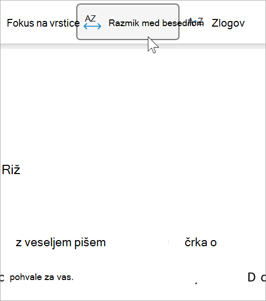 Screenshot of the text spacing option of immersive reader, there is a greater distance between letters and between words