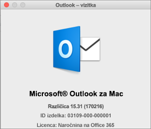 Če uporabljate Outlook prek storitve Office 365, bo v oknu »Outlook – vizitka« navedeno »Naročnina na Office 365«.