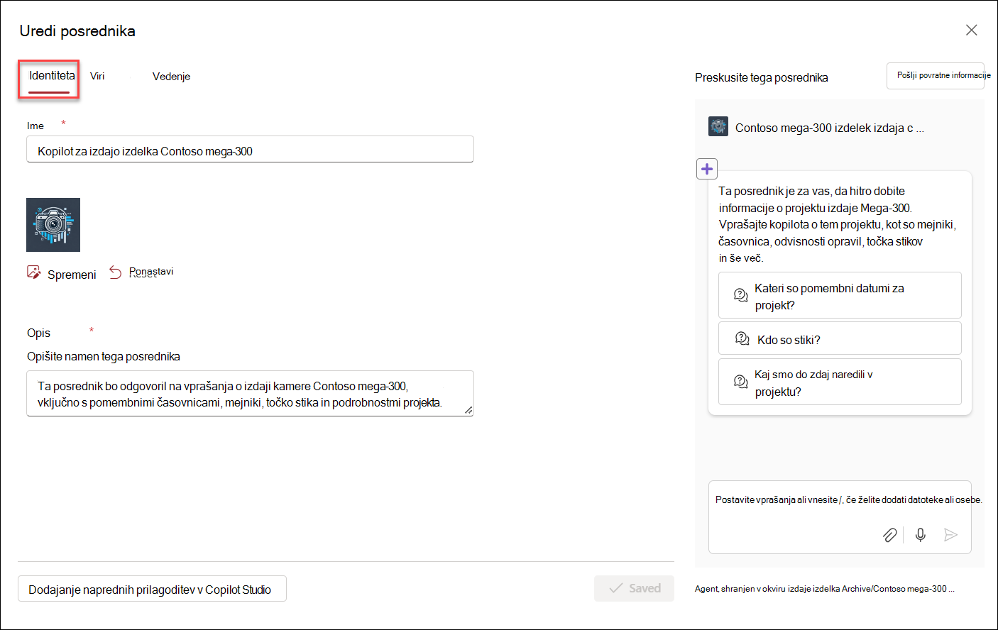 posnetek zaslona začetnega uporabniškega vmesnika za urejanje agenta storitve Copilot