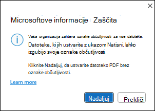 Okno za ustvarjanje datoteke PDF z Microsoftovo zaščito informacij