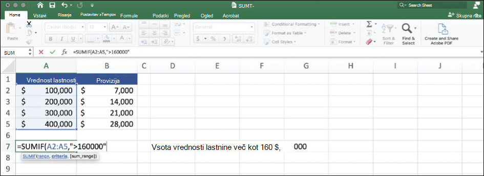 Posnetek zaslona Excel podatkov s funkcijo SUMIF