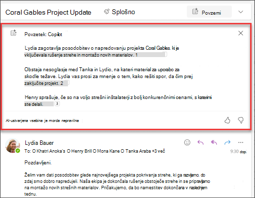 Povzetek niti e-poštnih sporočil s citati, ki ga je ustvarila storitev Copilot.