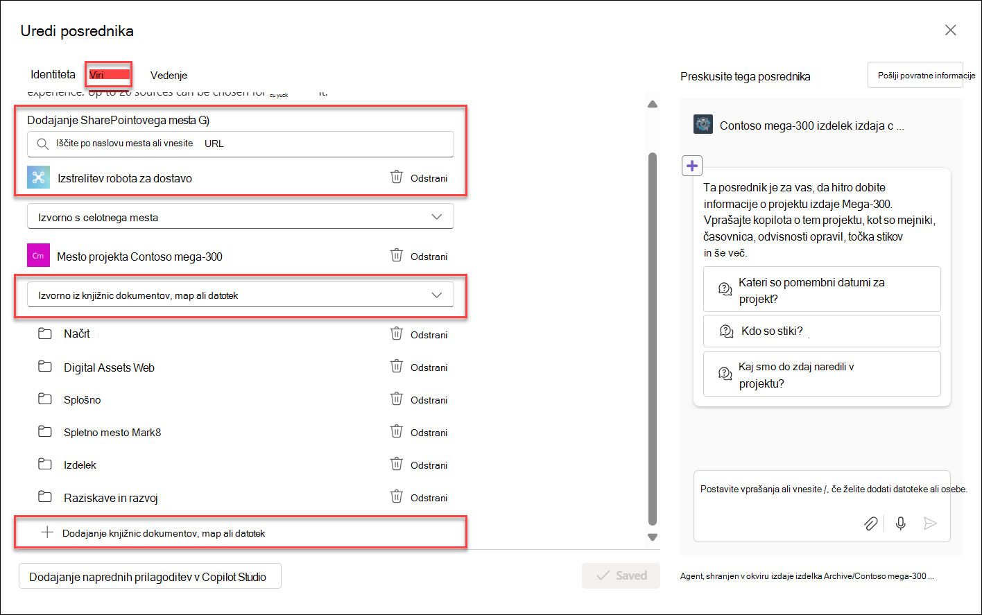 Posnetek zaslona dodajanja virov znanja agentu storitve copilot