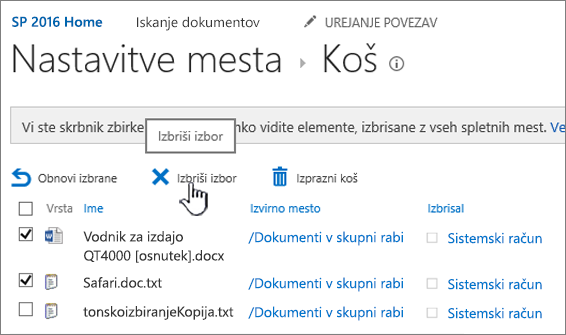 Označen gumb »Izbriši« na strani s košem programa SharePoint 2016