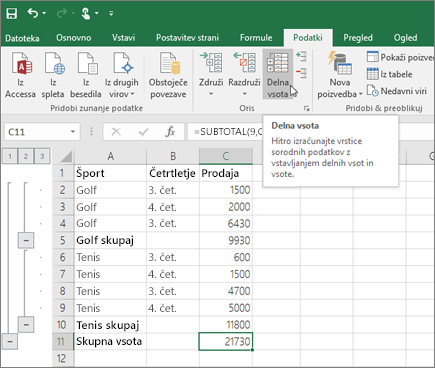 Kliknite »Delna vsota« na zavihku »Podatki«, da dodate vrstico z Excel vsote