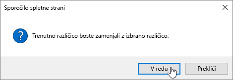 Pogovorno okno za obnovitev različice z izbrano možnostjo »V redu«